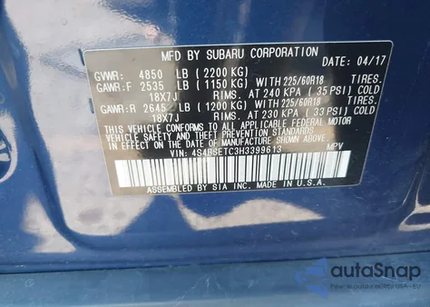 2017 Subaru Outback z USA, uszkodzony, nr VIN 4S4BSETC3H3399613
